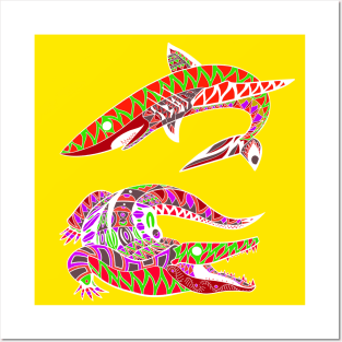 shark and gator crocodile in swamp sketch art ecopop Posters and Art